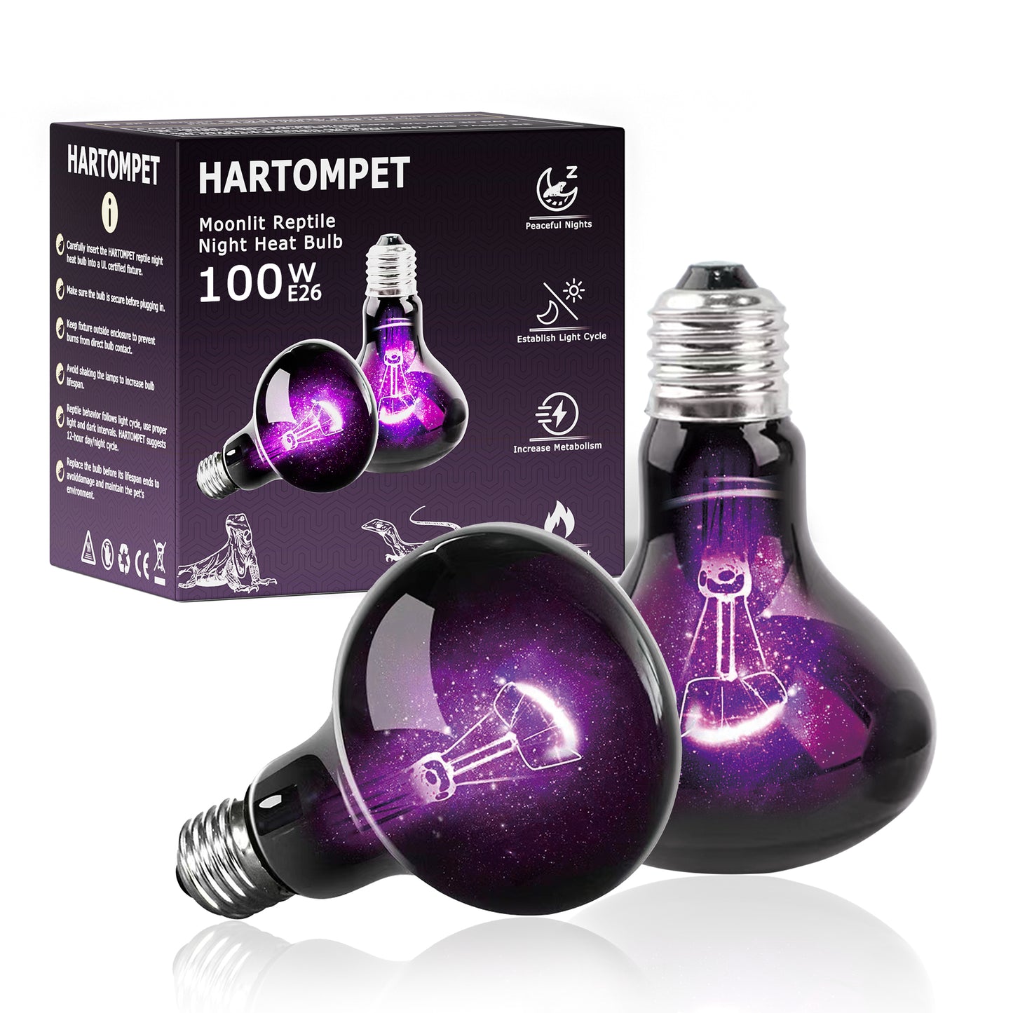 HARTOMPET Reptile Night Light Bulb, UVA Heat Lamp - Simulate Natural Moonlight, Purple Basking Lamp for Bearded Dragon, Lizard, Snake, Chameleon, Turtle, and Amphibians, Ideal for Aquariums Tanks