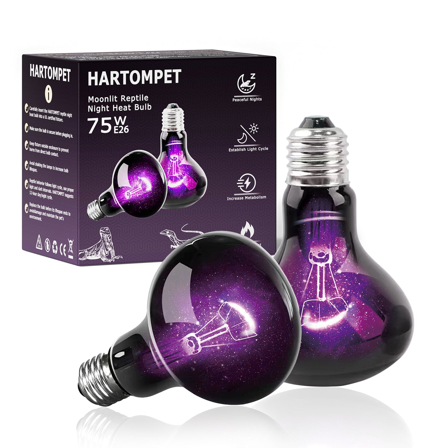 HARTOMPET Reptile Night Light Bulb, UVA Heat Lamp - Simulate Natural Moonlight, Purple Basking Lamp for Bearded Dragon, Lizard, Snake, Chameleon, Turtle, and Amphibians, Ideal for Aquariums Tanks