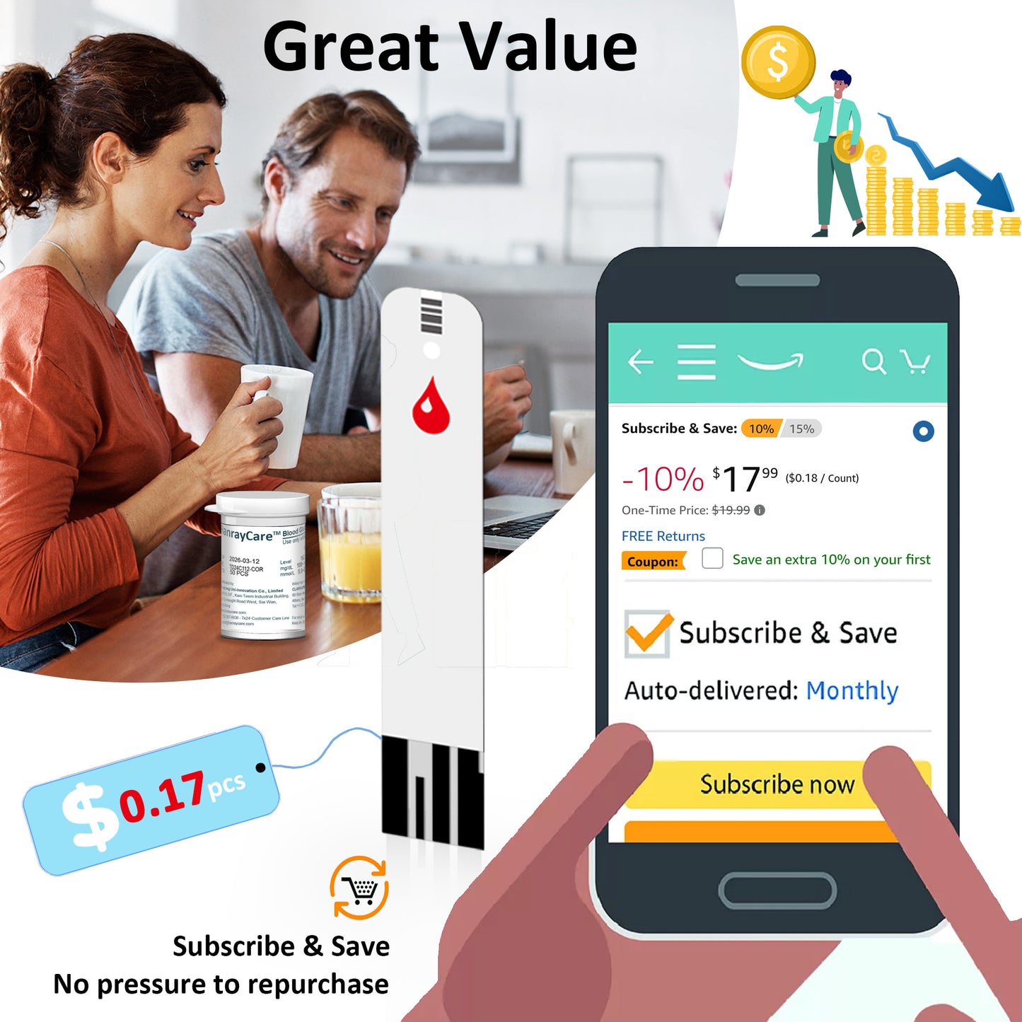 HanrayCare TD-4125 Blood Glucose Test Strips for Diabetes, 100 Count Blood Sugar Test Strips, Designed for Use with HanrayCare Glucose Monitoring System, Accurate Self-testing, No Coding Required