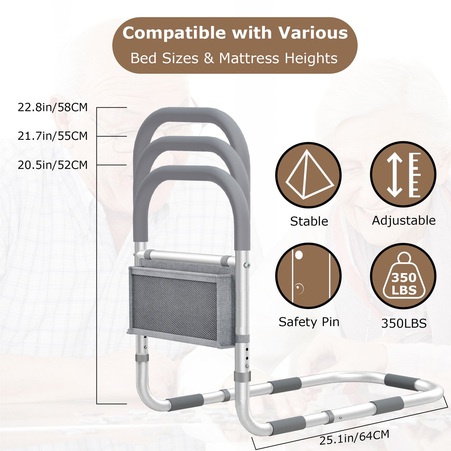 HanrayCare Premium Bed Rails for Elderly Safe, Non-Slip & Height Adjustable Bed Cane w/Storage Pocket, Medical Secure Bed Assist Rails Prevent Seniors Fall,Grab Bar,Fits All Bed, up to 300lbs,Tool-Free Assembly