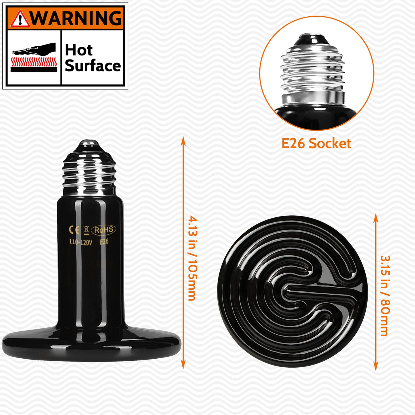 HARTOMPET Ceramic Heat Emitter - Black Reptile Heat Bulb - No Light Infrared Reptile Heat Lamp for Lizards, Turtle,Dogs, Cats - Ideal for Terrariums and Brooder Coop Heating
