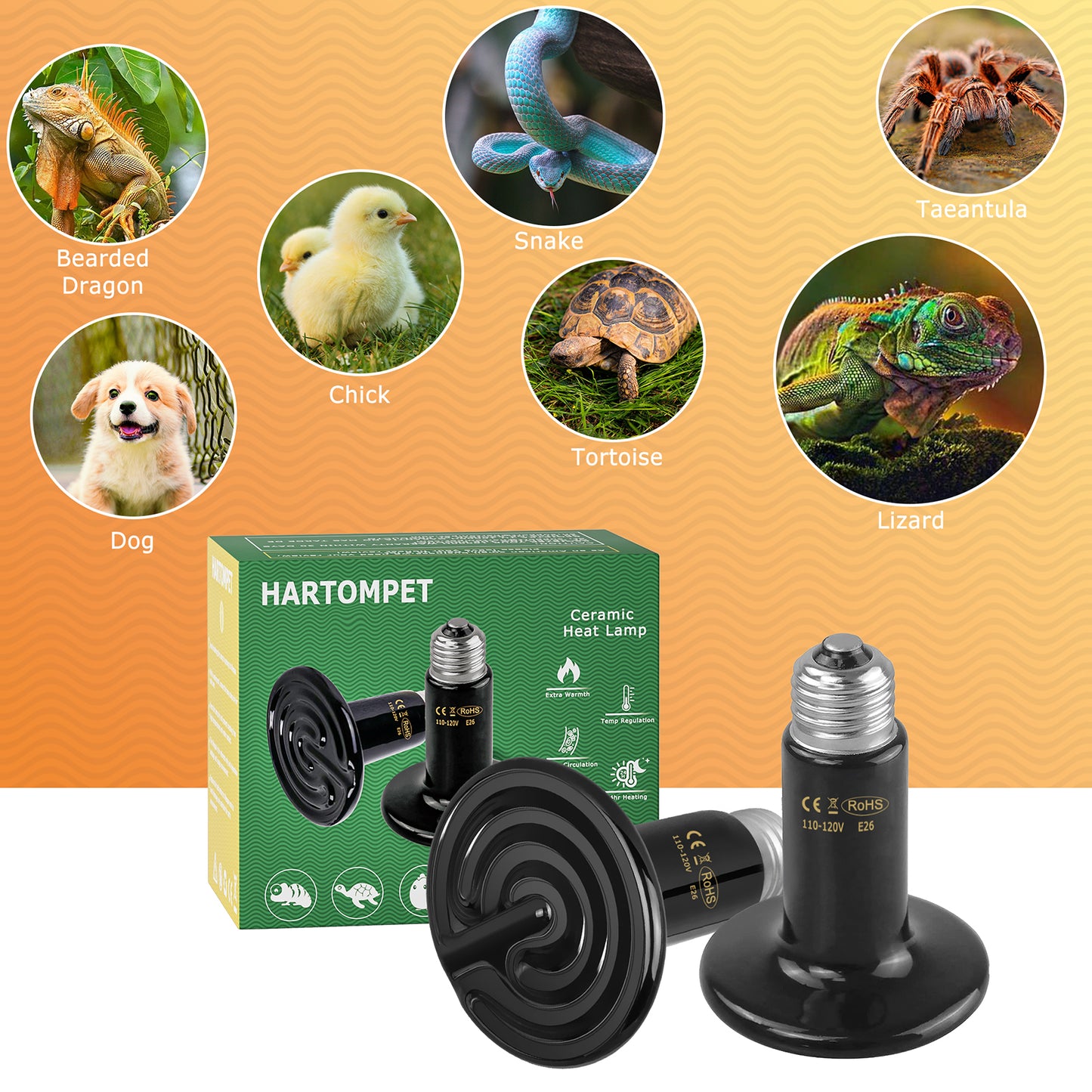 HARTOMPET Ceramic Heat Emitter - Black Reptile Heat Bulb - No Light Infrared Reptile Heat Lamp for Lizards, Turtle,Dogs, Cats - Ideal for Terrariums and Brooder Coop Heating