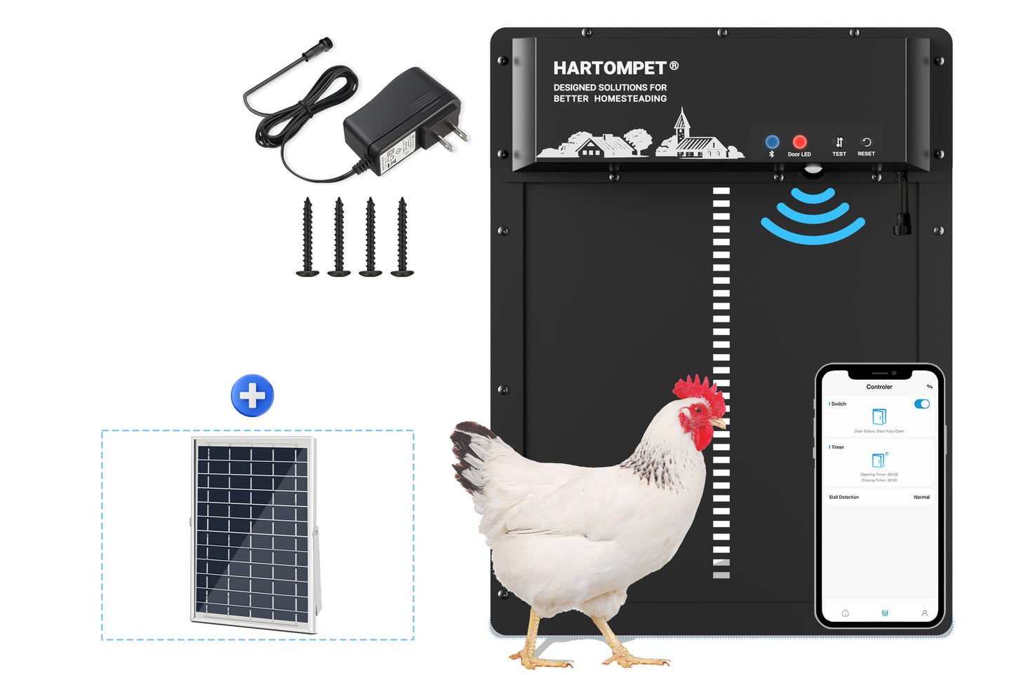 HARTOMPET Superior to Other Anti-Pinch Solutions - Automatic Chicken Coop Door - Programmable w/App - Battery/Solar Panel/Grid Operated - Electric Chicken Door Opener - Regulations Certified - E6