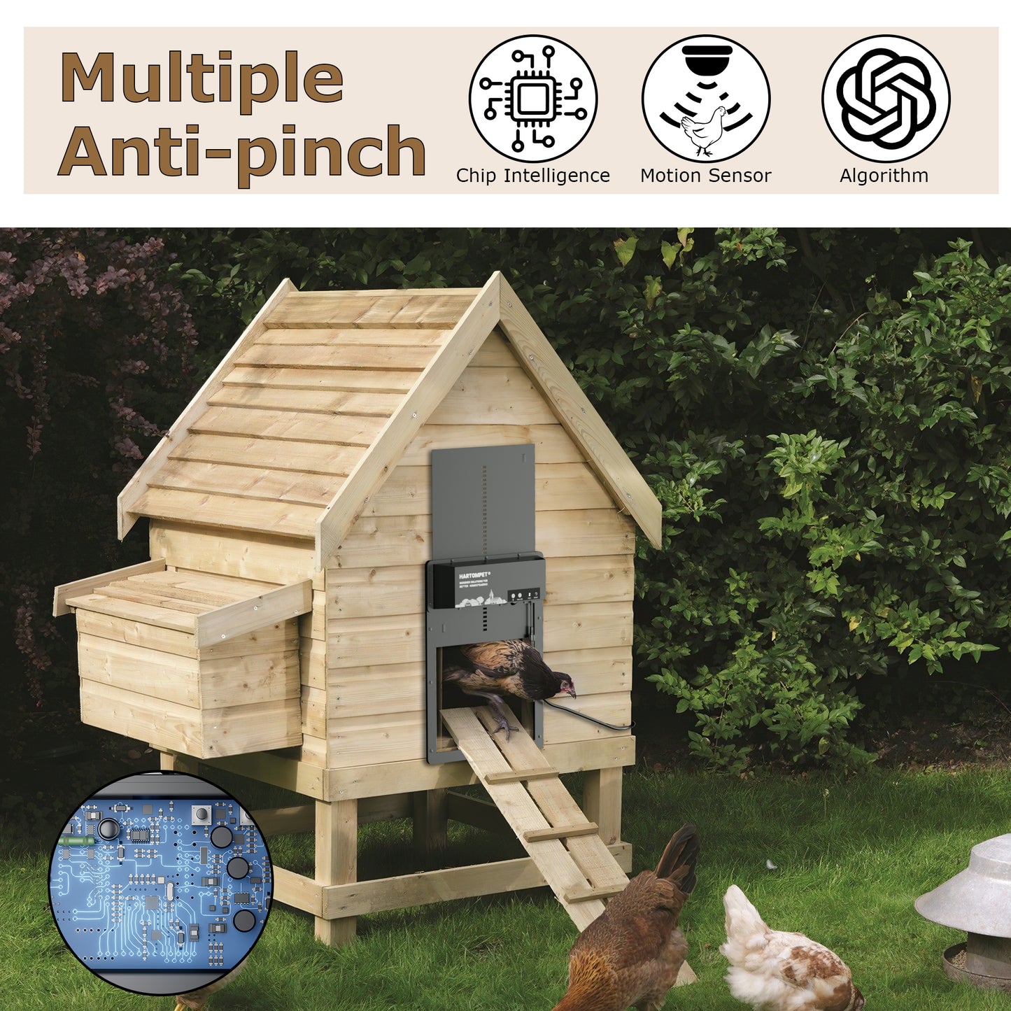 HARTOMPET Superior to Other Anti-Pinch Solutions - Automatic Chicken Coop Door - Programmable w/App - Battery/Solar Panel/Grid Operated - Electric Chicken Door Opener - Regulations Certified - E6