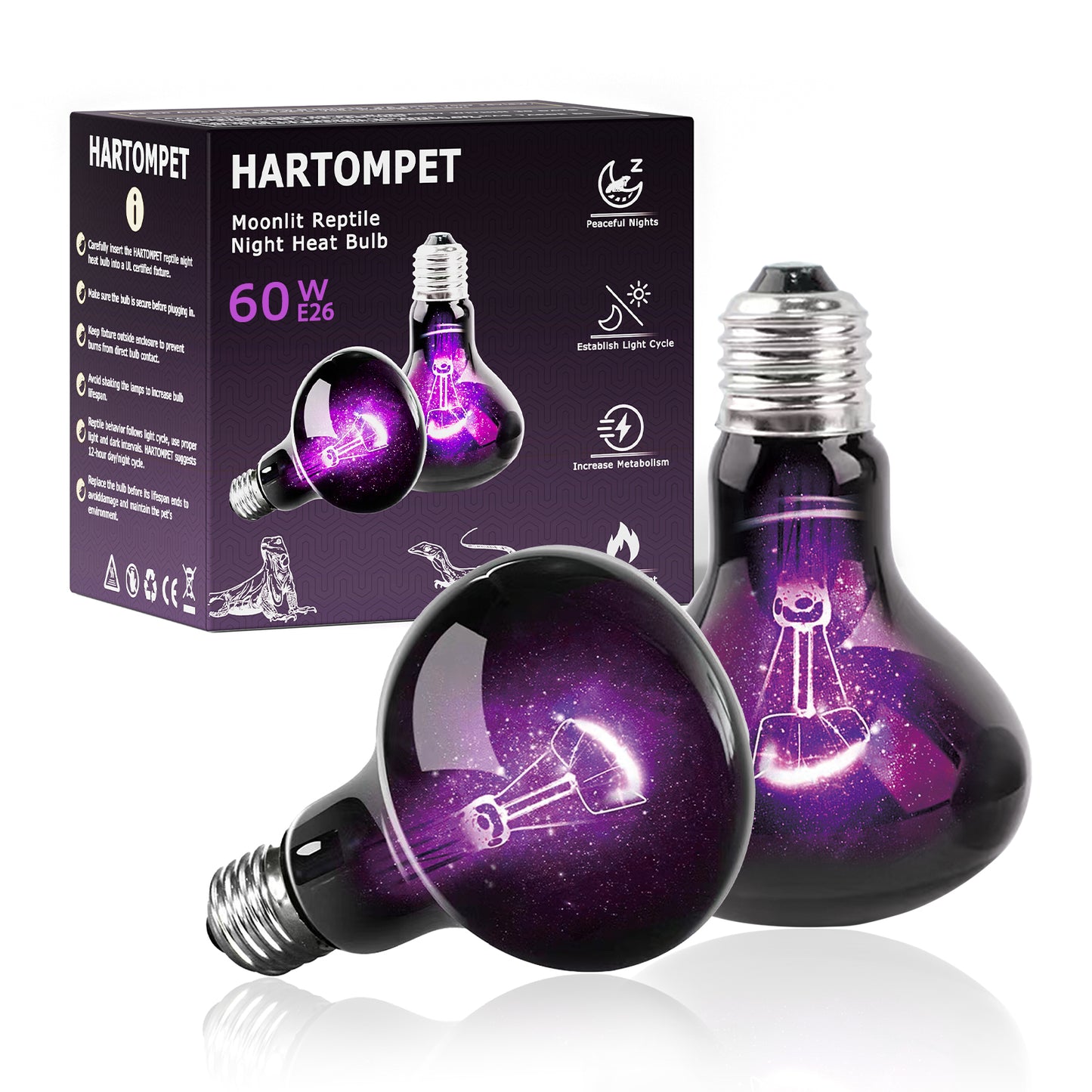 HARTOMPET Reptile Night Light Bulb, UVA Heat Lamp - Simulate Natural Moonlight, Purple Basking Lamp for Bearded Dragon, Lizard, Snake, Chameleon, Turtle, and Amphibians, Ideal for Aquariums Tanks