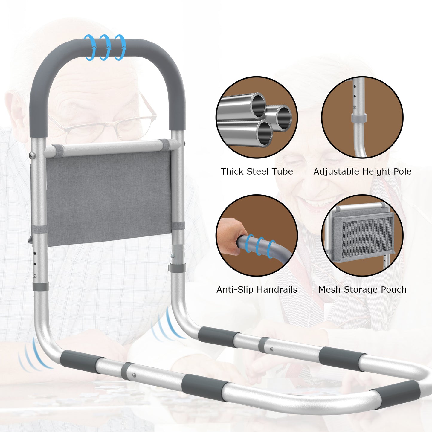 HanrayCare Premium Bed Rails for Elderly Safe, Non-Slip & Height Adjustable Bed Cane w/Storage Pocket, Medical Secure Bed Assist Rails Prevent Seniors Fall,Grab Bar,Fits All Bed, up to 300lbs,Tool-Free Assembly