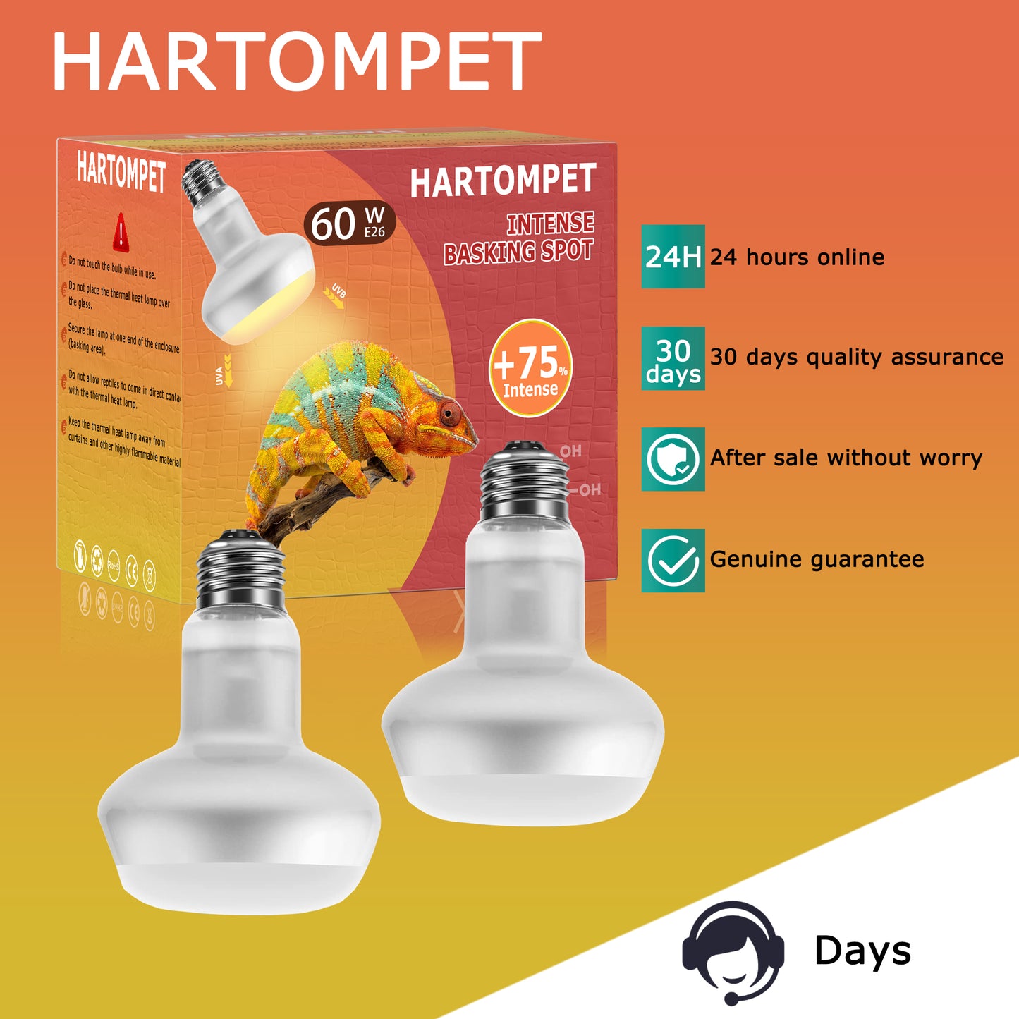 HARTOMPET Intense Basking Spot Lamp – UVA Daylight Heat Bulb for Reptiles and Amphibians, Simulates Natural Sunrise and Sunset, Ideal for Bearded Dragons, Snakes, Lizards & Chicks | 2 Pack