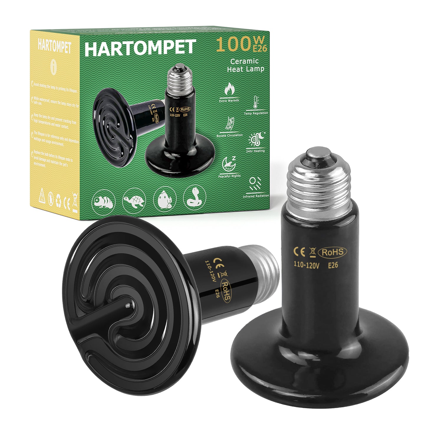 HARTOMPET Ceramic Heat Emitter - Black Reptile Heat Bulb - No Light Infrared Reptile Heat Lamp for Lizards, Turtle，Dogs, Cats - Ideal for Terrariums and Brooder Coop Heating