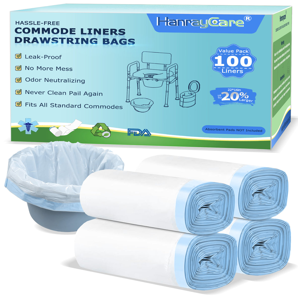 HanrayCare Commode Liners -  Disposable Bags for Commode Chairs & Bedpan, Leak-Proof & Universal Fit Portable Potty Liners – Simplify Cleanup for Seniors & Disabled
