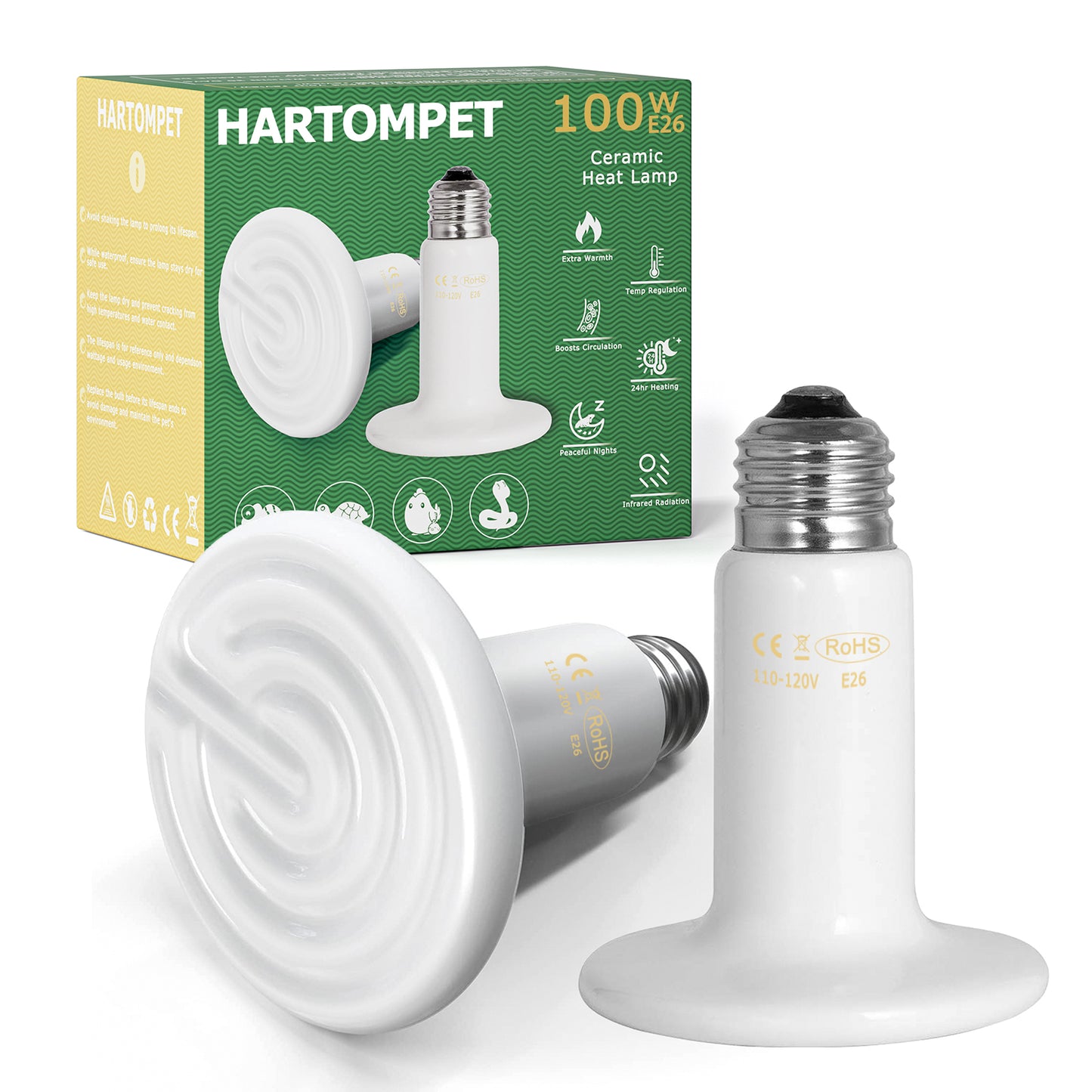 HARTOMPET Ceramic Heat Emitter - White Reptile Heat Bulb - No Light Infrared Reptile Heat Lamp for Lizards, Turtle，Dogs, Cats - Ideal for Terrariums and Brooder Coop Heating