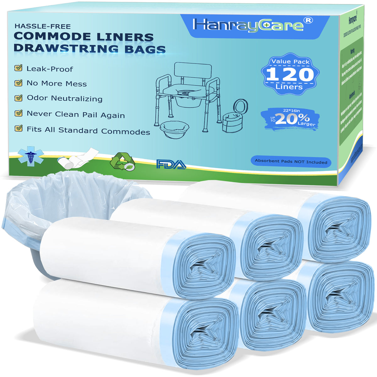 HanrayCare Commode Liners -  Disposable Bags for Commode Chairs & Bedpan, Leak-Proof & Universal Fit Portable Potty Liners – Simplify Cleanup for Seniors & Disabled