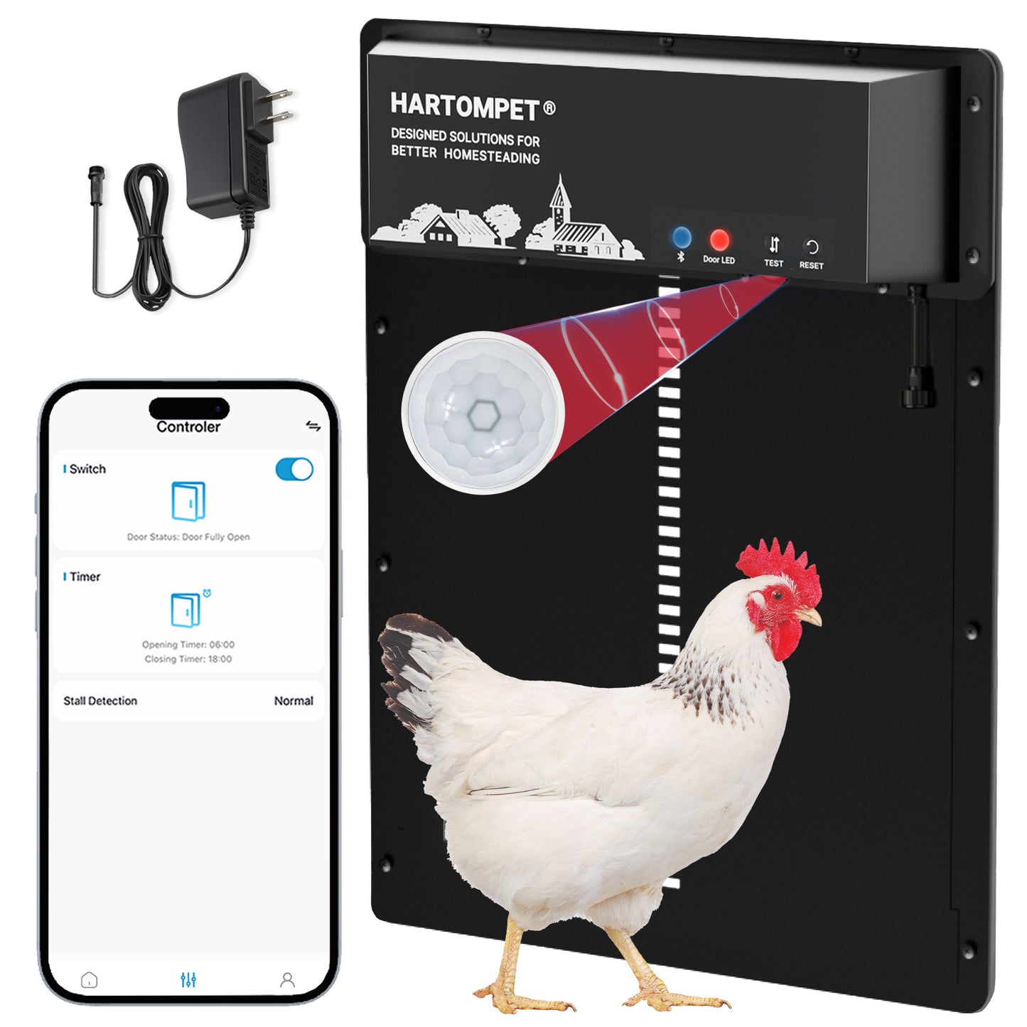 HARTOMPET Superior to Other Anti-Pinch Solutions - Automatic Chicken Coop Door - Programmable w/App - Battery/Solar Panel/Grid Operated - Electric Chicken Door Opener - Regulations Certified - E6