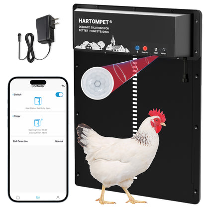 HARTOMPET Superior to Other Anti-Pinch Solutions - Automatic Chicken Coop Door - Programmable w/App - Battery/Solar Panel/Grid Operated - Electric Chicken Door Opener - Regulations Certified - E6