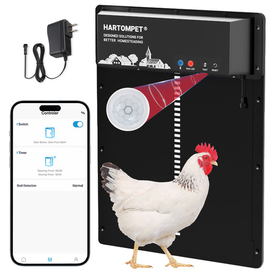 HARTOMPET Superior to Other Anti-Pinch Solutions - Automatic Chicken Coop Door - Programmable w/App - Battery/Solar Panel/Grid Operated - Electric Chicken Door Opener - Regulations Certified - E6