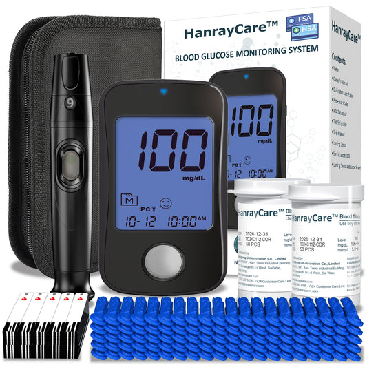 HanrayCare TD-4125 Superior to Most Blood Glucose Monitor Kit, Patented 2+2 Bio Tech, 100 Glucometer Strips &amp; Lancets, 1 Blood Sugar Monitor &amp; Lancing Device, No Coding Diabetes Test Kit, Larger Backlight Screen-No control solution