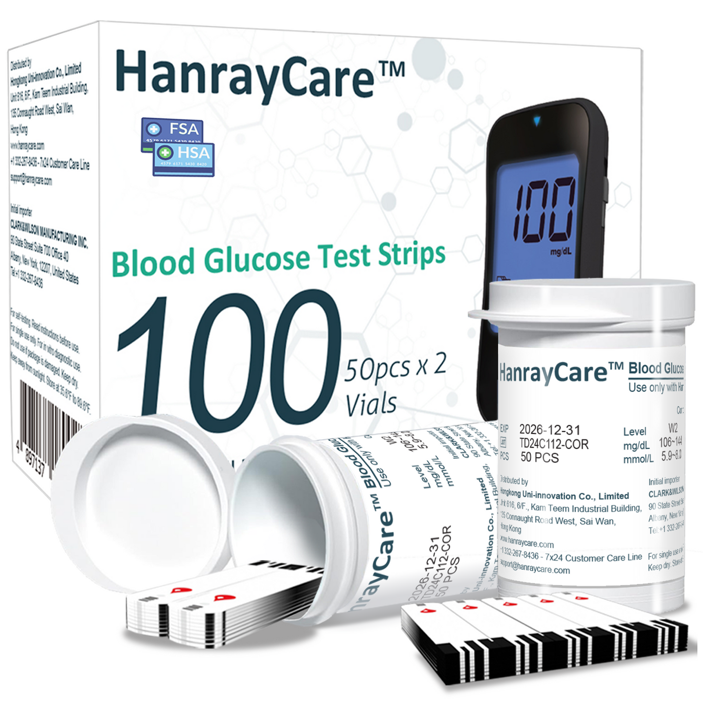 HanrayCare TD-4125 Superior to Most Blood Glucose Monitor Kit, Patented 2+2 Bio Tech, 100 Glucometer Strips &amp; Lancets, 1 Blood Sugar Monitor &amp; Lancing Device, No Coding Diabetes Test Kit, Larger Backlight Screen-No control solution
