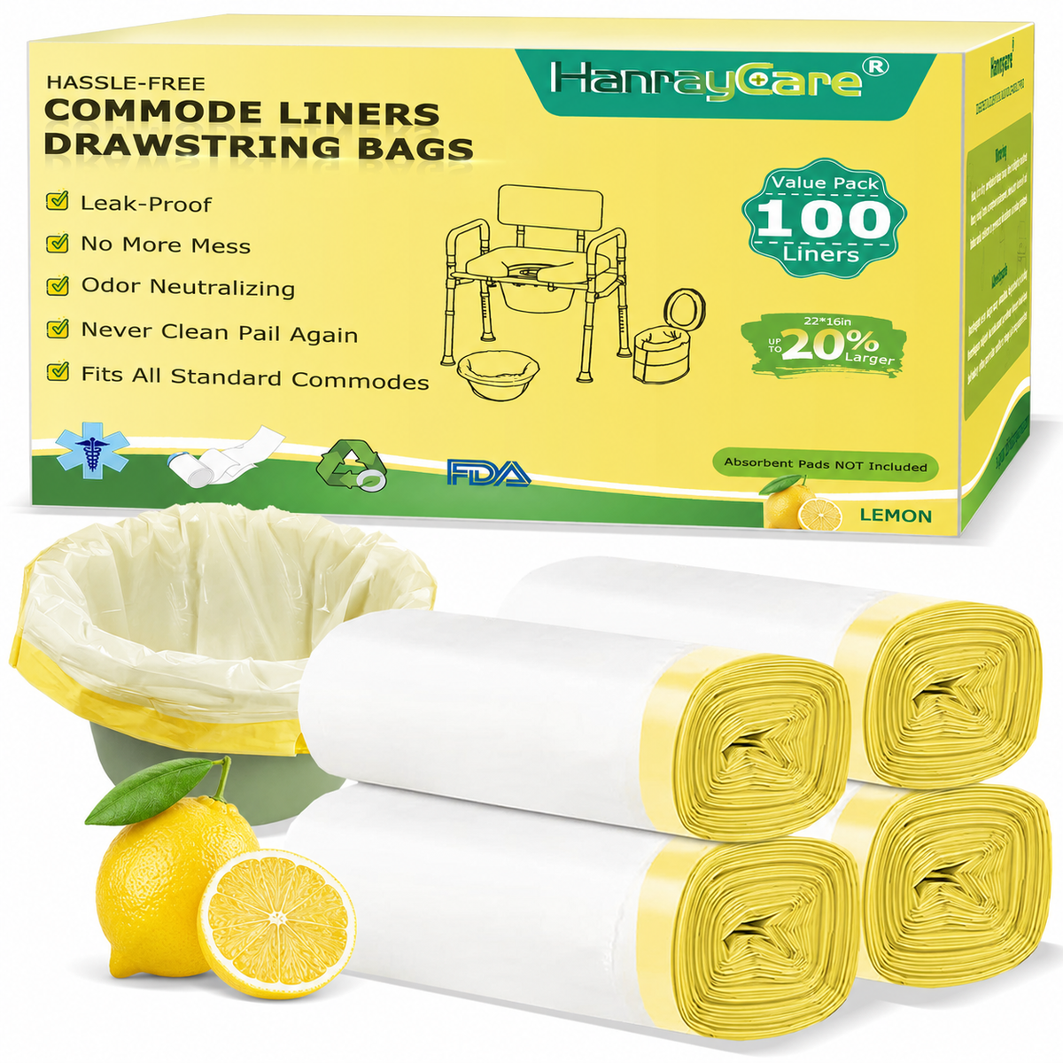 HanrayCare Commode Liners -  Disposable Bags for Commode Chairs & Bedpan, Leak-Proof & Universal Fit Portable Potty Liners – Simplify Cleanup for Seniors & Disabled