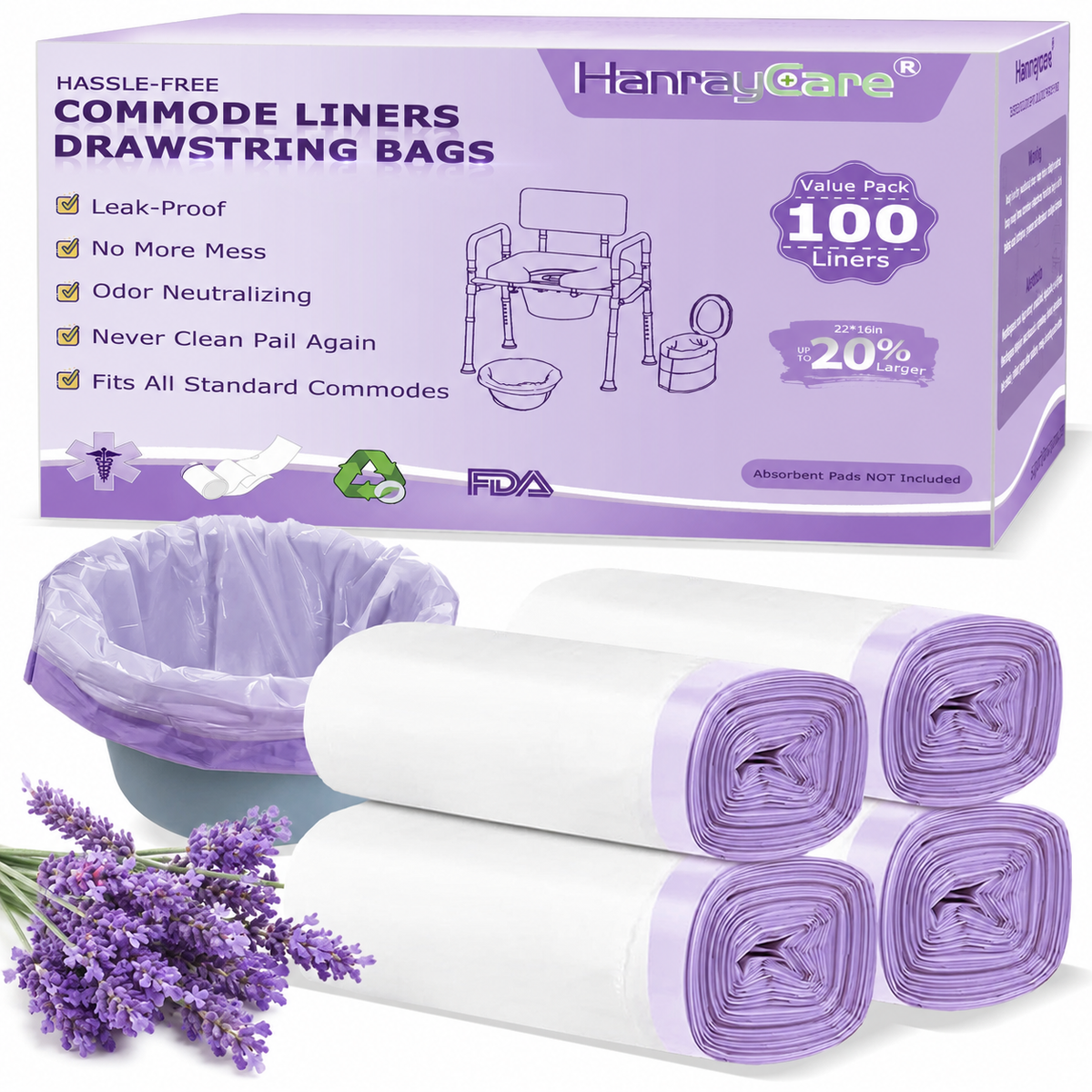 HanrayCare Commode Liners -  Disposable Bags for Commode Chairs & Bedpan, Leak-Proof & Universal Fit Portable Potty Liners – Simplify Cleanup for Seniors & Disabled