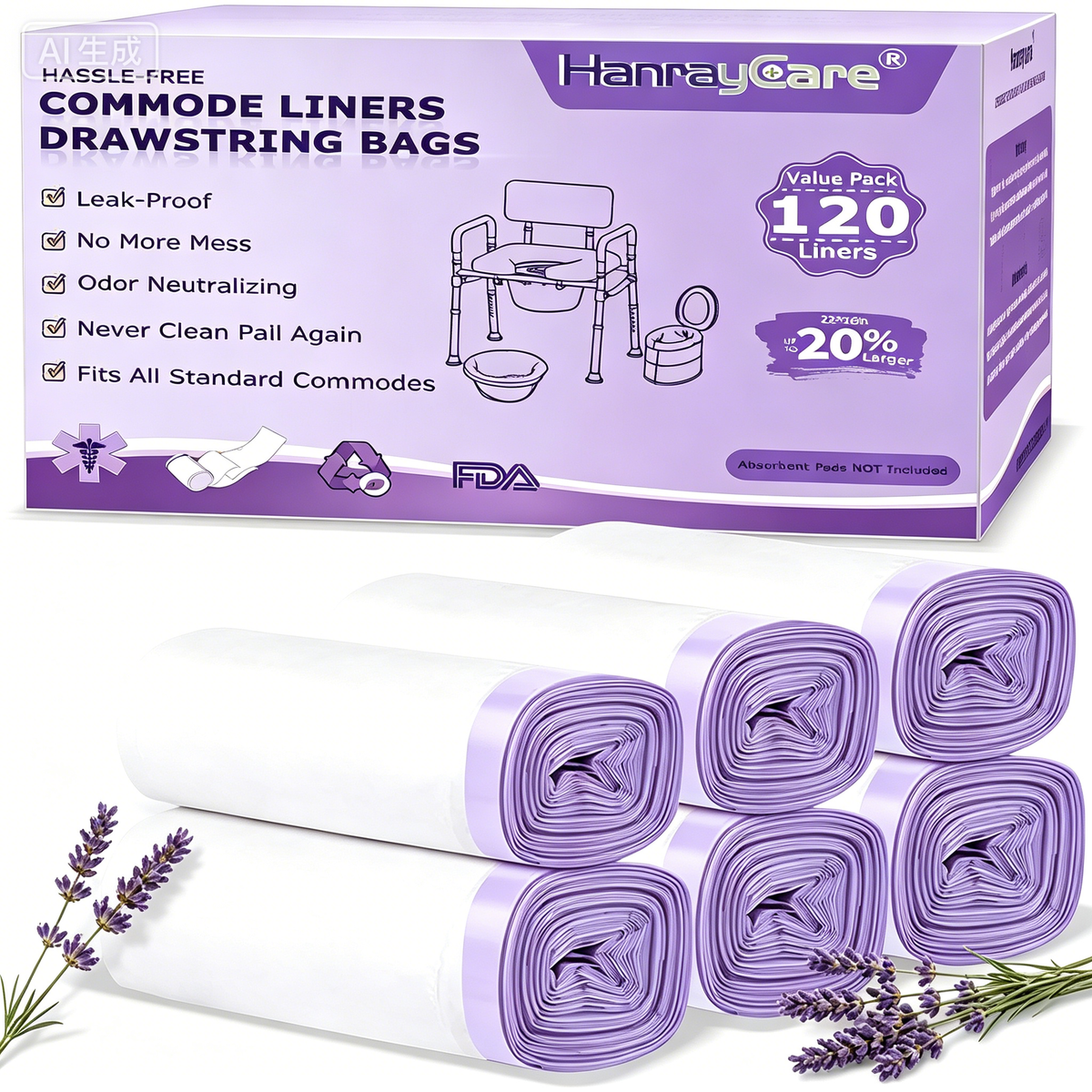 HanrayCare Commode Liners -  Disposable Bags for Commode Chairs & Bedpan, Leak-Proof & Universal Fit Portable Potty Liners – Simplify Cleanup for Seniors & Disabled