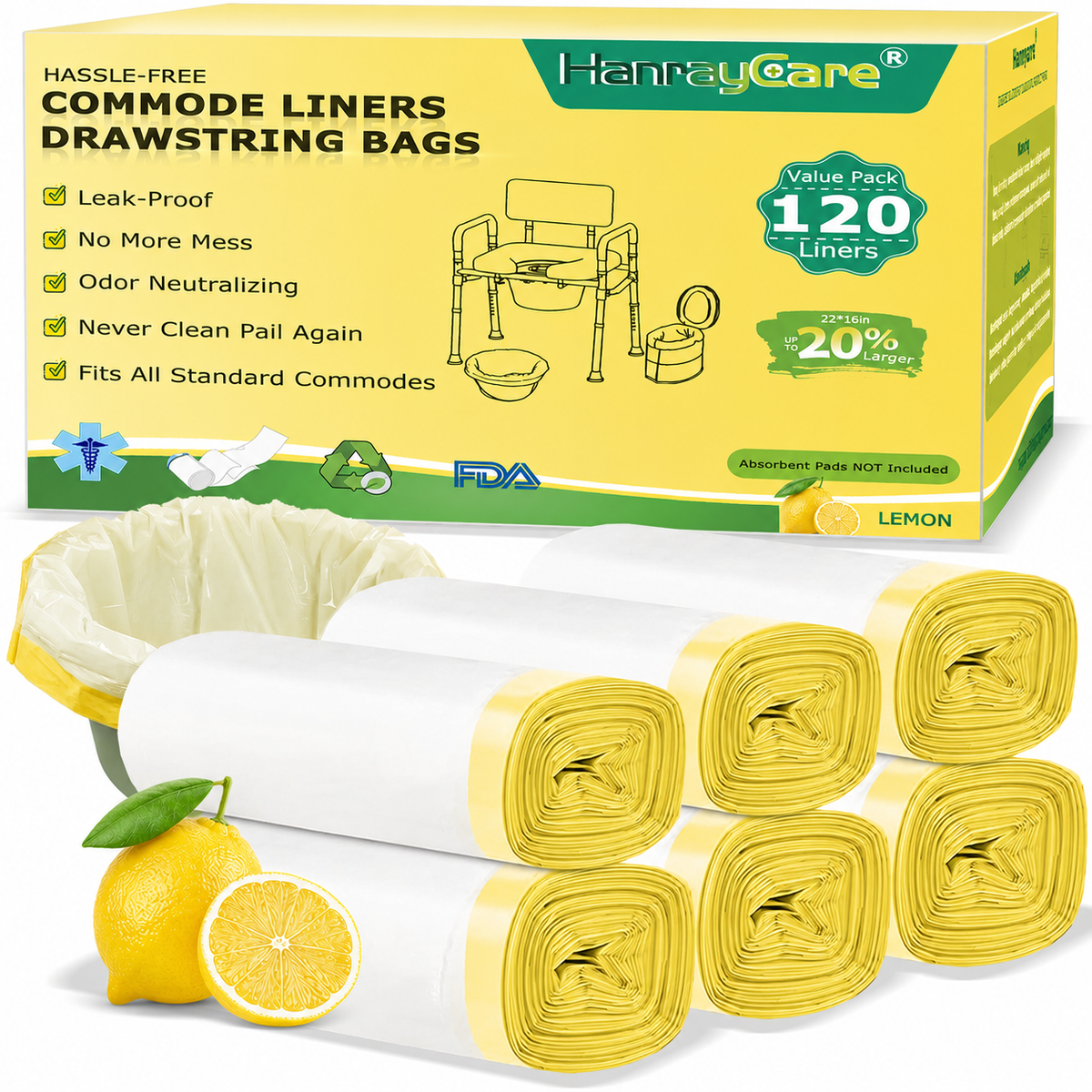 HanrayCare Commode Liners -  Disposable Bags for Commode Chairs & Bedpan, Leak-Proof & Universal Fit Portable Potty Liners – Simplify Cleanup for Seniors & Disabled