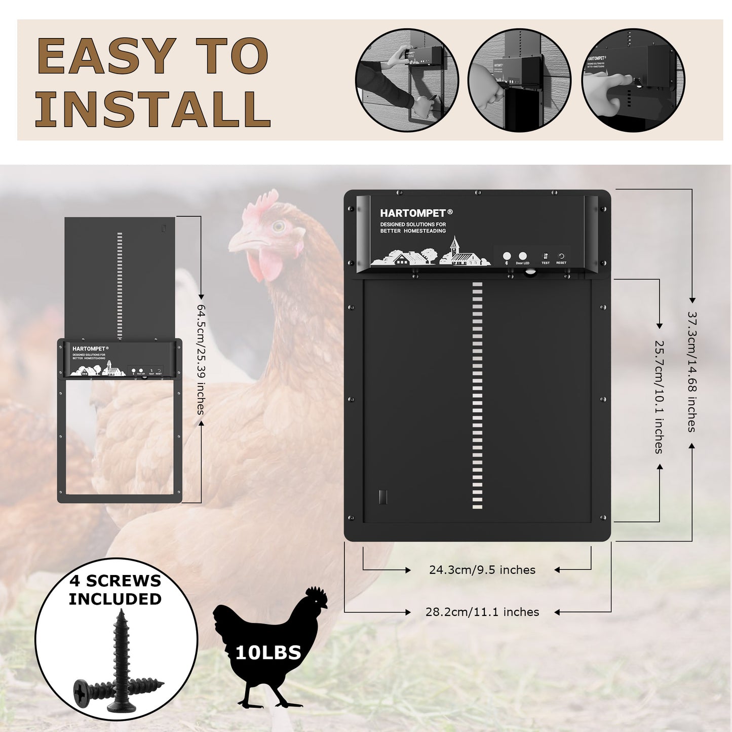 HARTOMPET Superior to Other Anti-Pinch Solutions - Automatic Chicken Coop Door - Programmable w/App - Battery/Solar Panel/Grid Operated - Electric Chicken Door Opener - Regulations Certified - E6