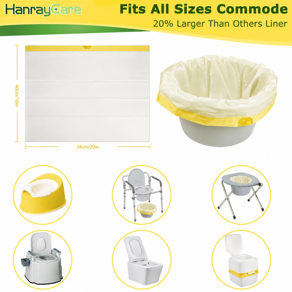 HanrayCare Commode Liners -  Disposable Bags for Commode Chairs & Bedpan, Leak-Proof & Universal Fit Portable Potty Liners – Simplify Cleanup for Seniors & Disabled