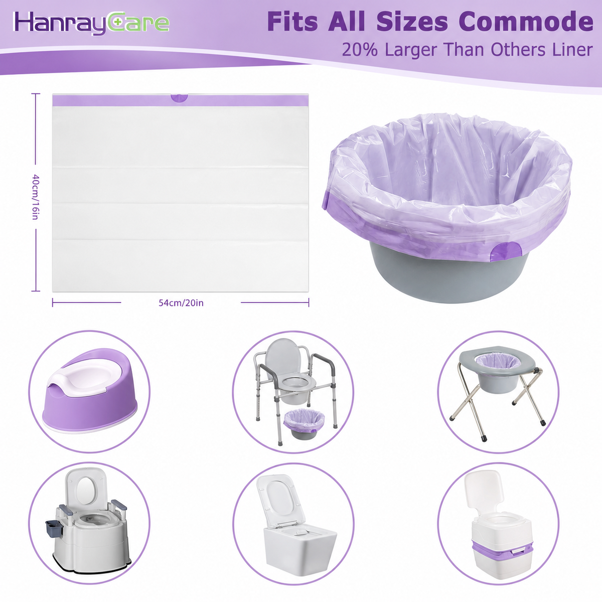 HanrayCare Commode Liners -  Disposable Bags for Commode Chairs & Bedpan, Leak-Proof & Universal Fit Portable Potty Liners – Simplify Cleanup for Seniors & Disabled