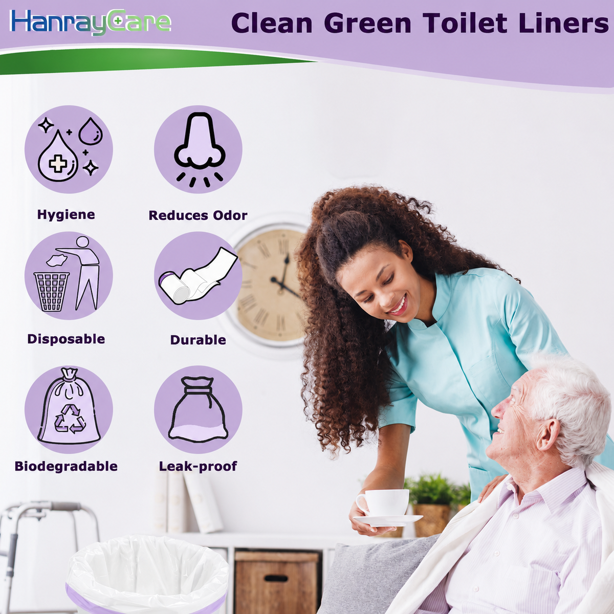 HanrayCare Commode Liners -  Disposable Bags for Commode Chairs & Bedpan, Leak-Proof & Universal Fit Portable Potty Liners – Simplify Cleanup for Seniors & Disabled