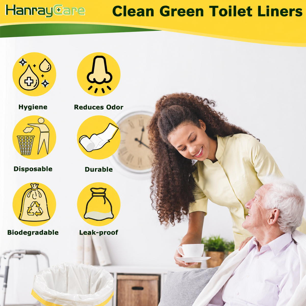 HanrayCare Commode Liners -  Disposable Bags for Commode Chairs & Bedpan, Leak-Proof & Universal Fit Portable Potty Liners – Simplify Cleanup for Seniors & Disabled