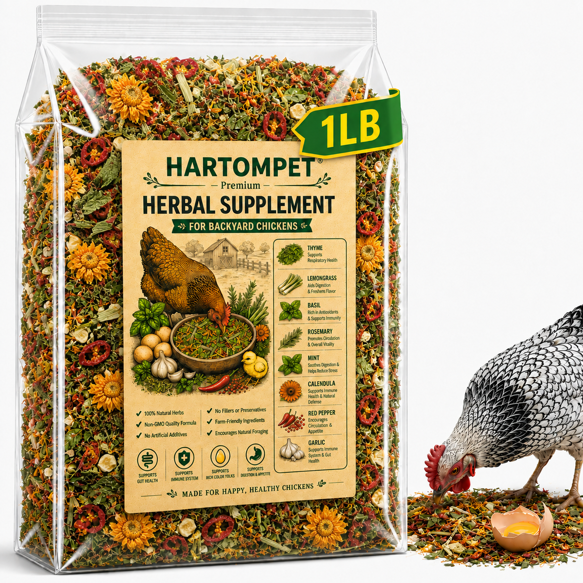 HARTOMPT Chili Herb Mix Feed Topper for Chickens, Egg-Safe Herbal Blend with Garlic, Thyme & Rosemary, Rich Golden Egg Yolks, for Hens, Ducks, Turkeys, Quails & Geese,Daily Poultry Feed Add-On