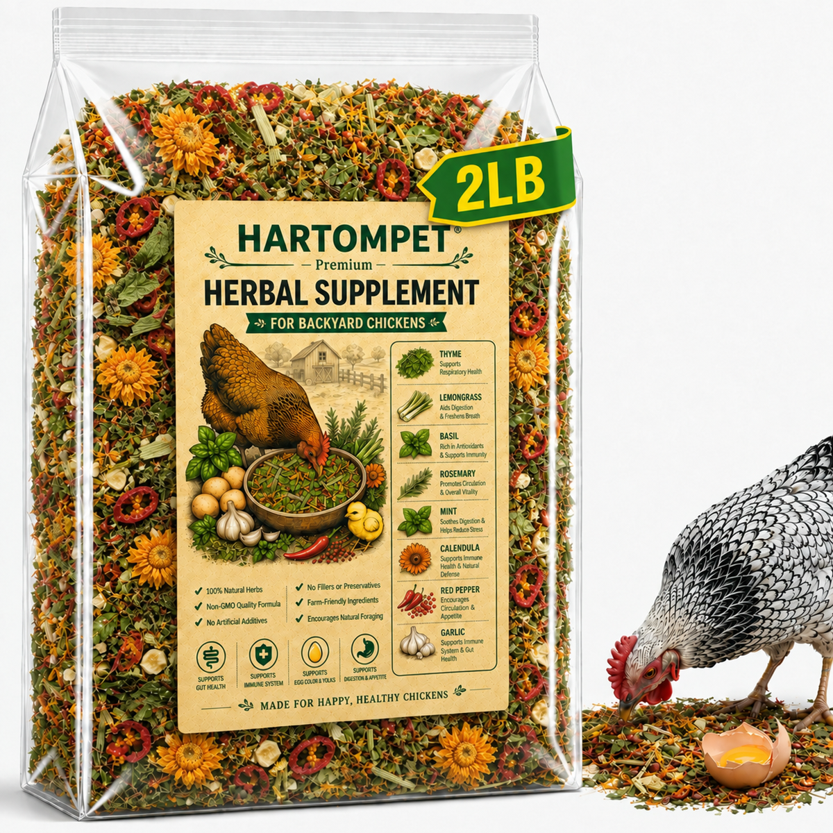 HARTOMPT Chili Herb Mix Feed Topper for Chickens, Egg-Safe Herbal Blend with Garlic, Thyme & Rosemary, Rich Golden Egg Yolks, for Hens, Ducks, Turkeys, Quails & Geese,Daily Poultry Feed Add-On