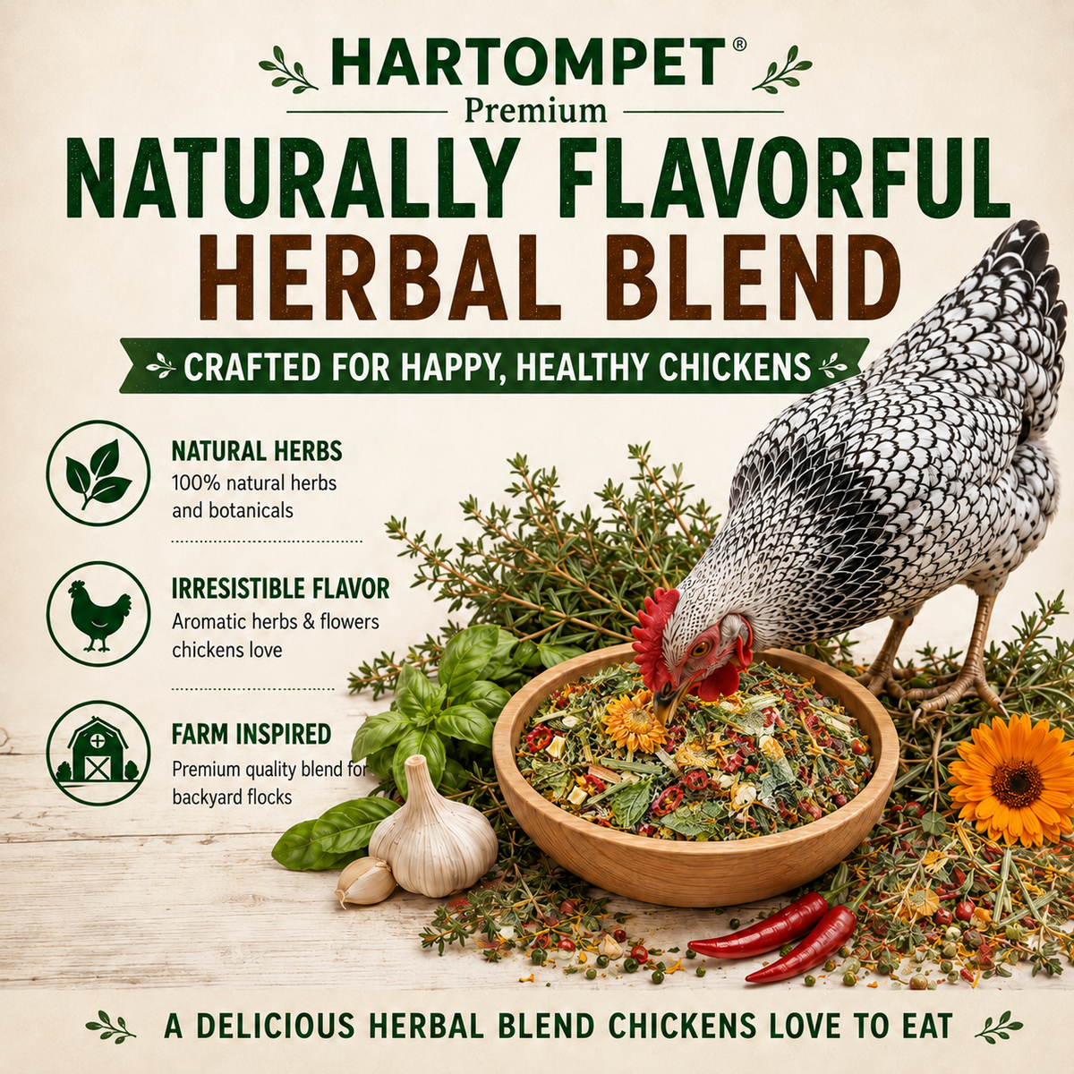 HARTOMPT Chili Herb Mix Feed Topper for Chickens, Egg-Safe Herbal Blend with Garlic, Thyme & Rosemary, Rich Golden Egg Yolks, for Hens, Ducks, Turkeys, Quails & Geese,Daily Poultry Feed Add-On