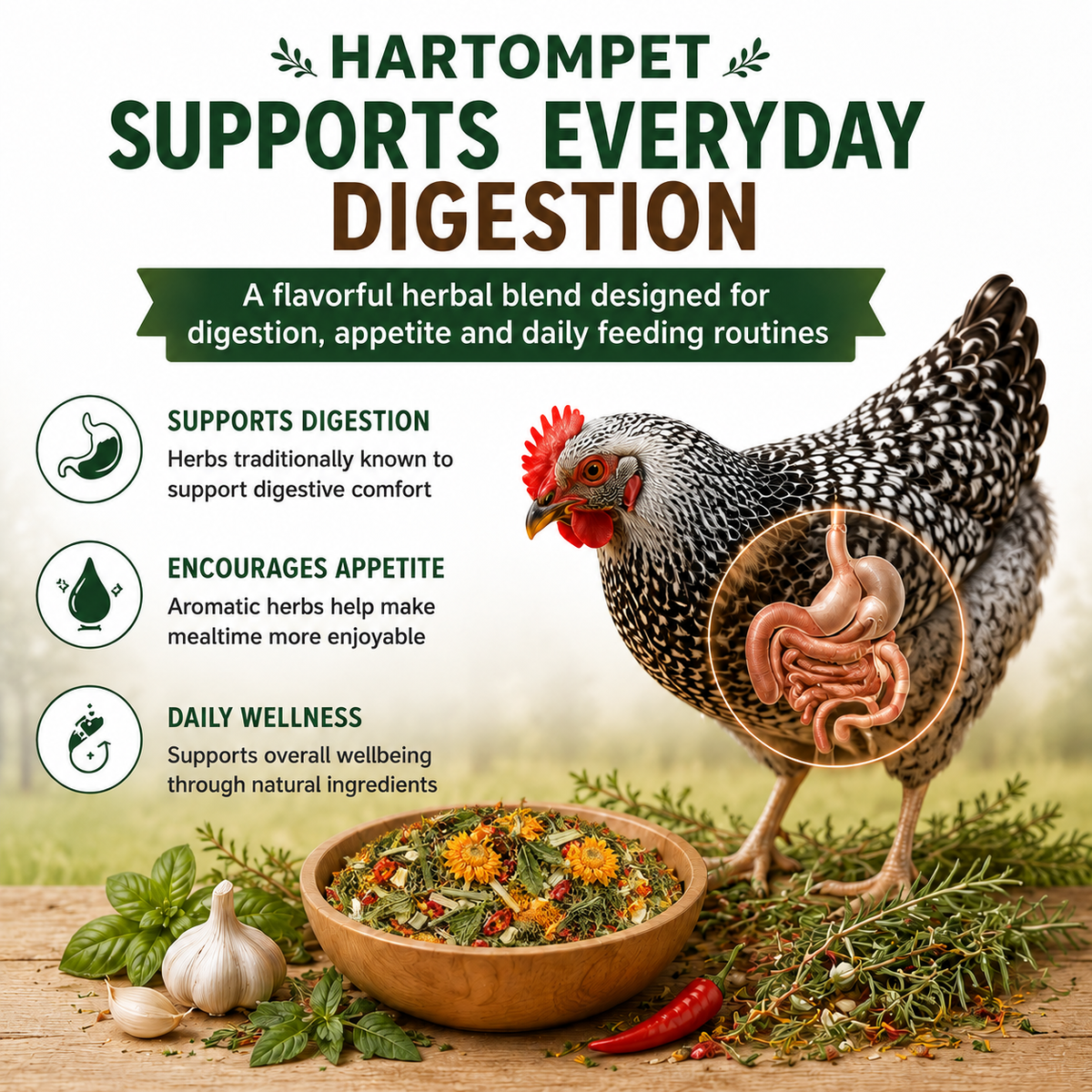 HARTOMPT Chili Herb Mix Feed Topper for Chickens, Egg-Safe Herbal Blend with Garlic, Thyme & Rosemary, Rich Golden Egg Yolks, for Hens, Ducks, Turkeys, Quails & Geese,Daily Poultry Feed Add-On