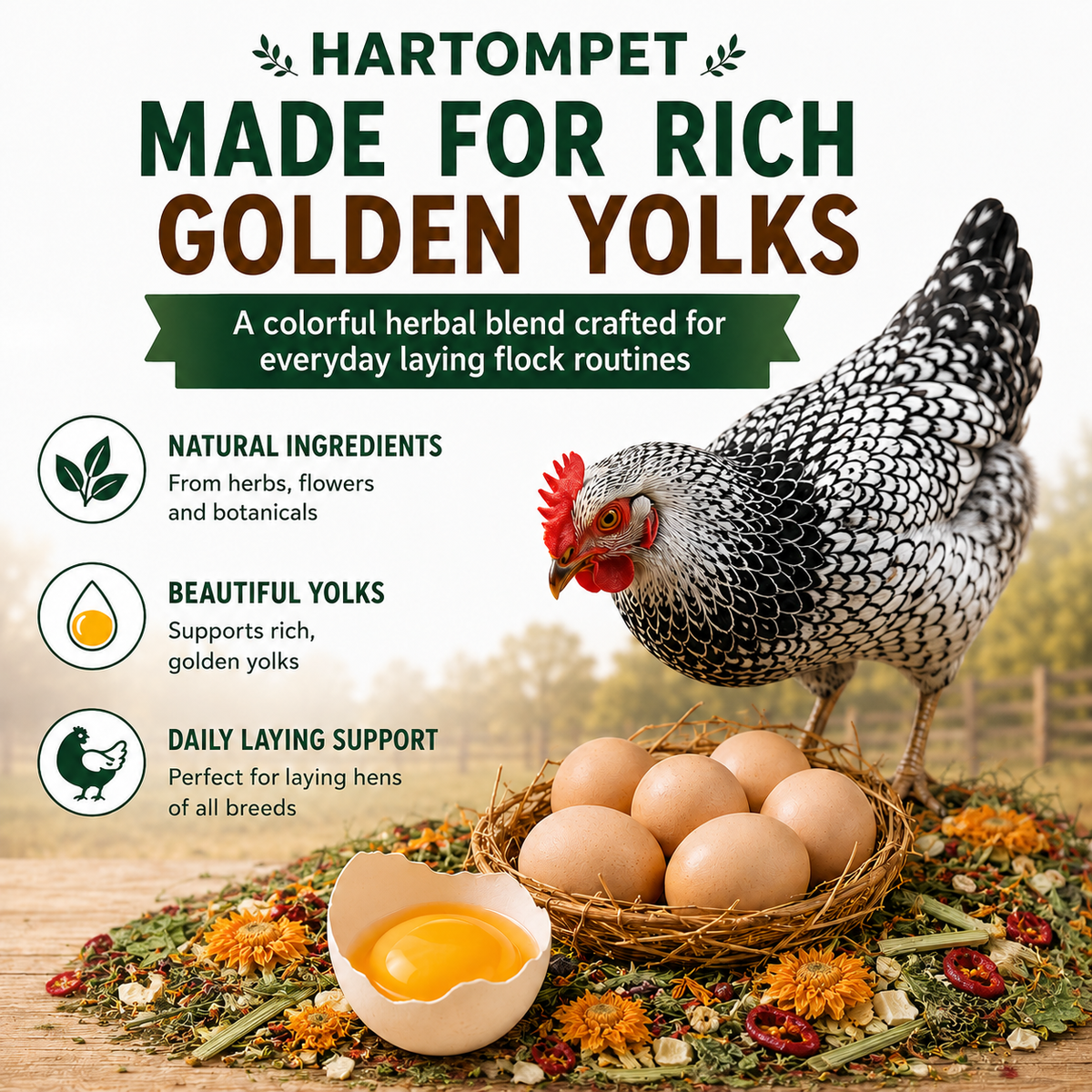 HARTOMPT Chili Herb Mix Feed Topper for Chickens, Egg-Safe Herbal Blend with Garlic, Thyme & Rosemary, Rich Golden Egg Yolks, for Hens, Ducks, Turkeys, Quails & Geese,Daily Poultry Feed Add-On