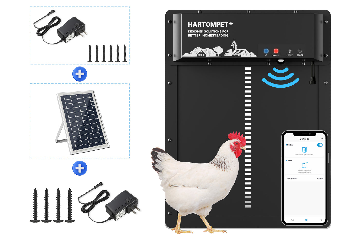 HARTOMPET Superior to Other Anti-Pinch Solutions - Automatic Chicken Coop Door - Programmable w/App - Battery/Solar Panel/Grid Operated - Electric Chicken Door Opener - Regulations Certified - E6
