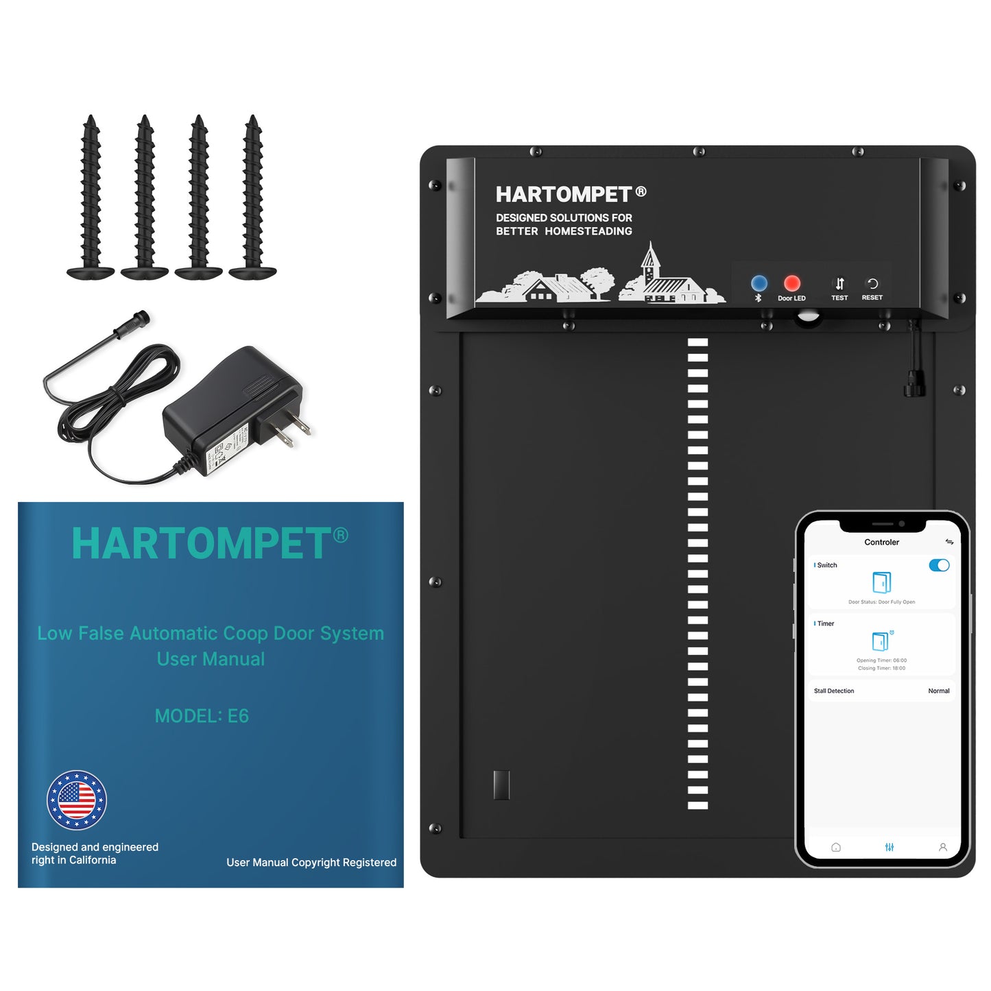 HARTOMPET Superior to Other Anti-Pinch Solutions - Automatic Chicken Coop Door - Programmable w/App - Battery/Solar Panel/Grid Operated - Electric Chicken Door Opener - Regulations Certified - E6
