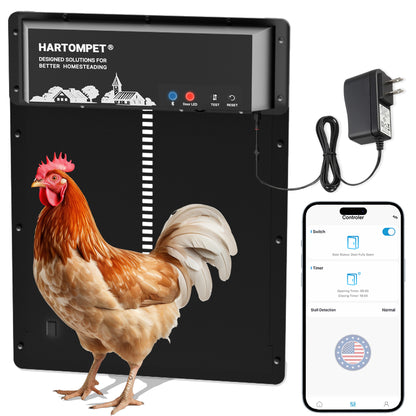 HARTOMPET Superior to Other Anti-Pinch Solutions - Automatic Chicken Coop Door - Programmable w/App - Battery/Solar Panel/Grid Operated - Electric Chicken Door Opener - Regulations Certified - E6