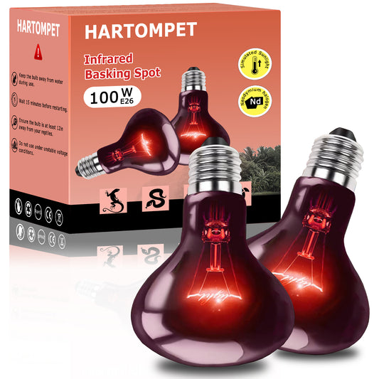 HARTOMPET Infrared Red Heat Lamp – Basking Spot Bulb for Reptiles, Bearded Dragons, Chameleons, Snakes & Lizards; Ideal Red Heat Emitter for Chickens Coop and Brooder Use, E26 Base | 2 Pack