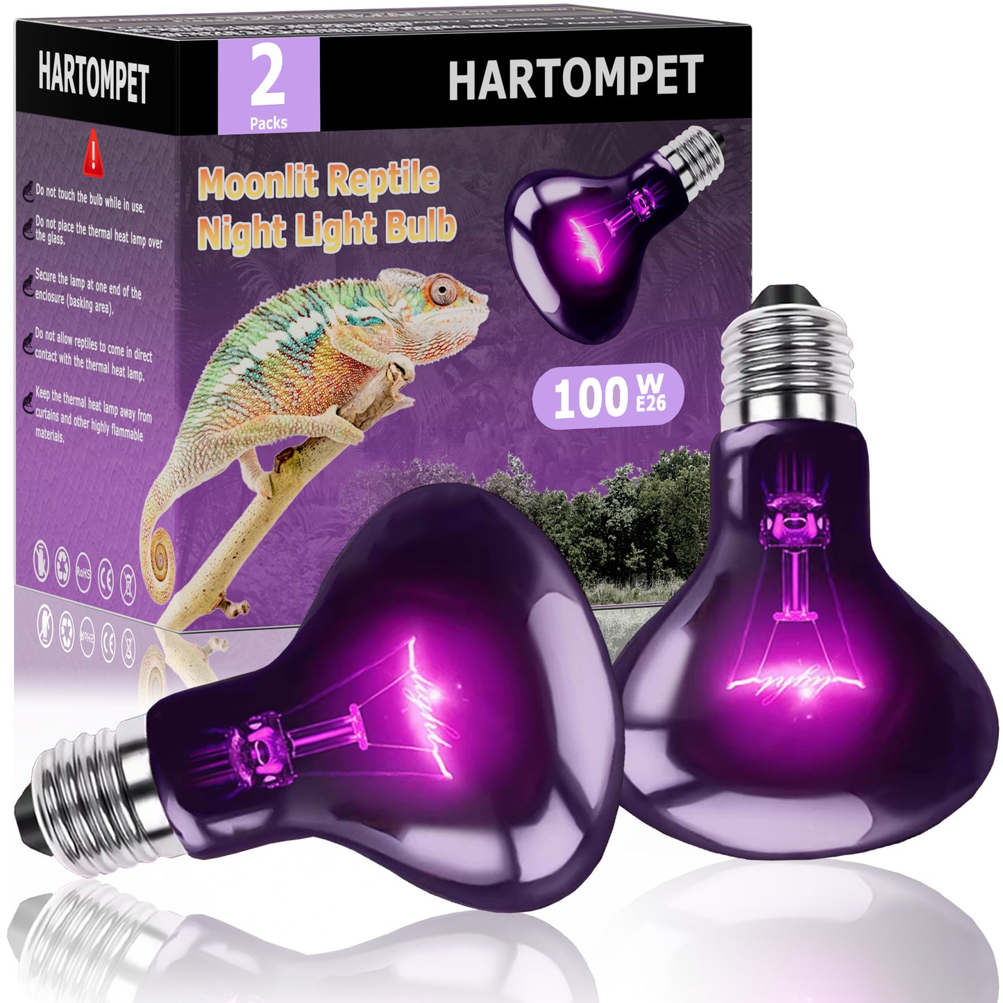 HARTOMPET Reptile Night Light Bulb - Simulated Moonlight & Purple Heat Lamp for Reptiles and Amphibians - Perfect UVA Basking Light for Bearded Dragons, Lizards and Aquatic Tanks