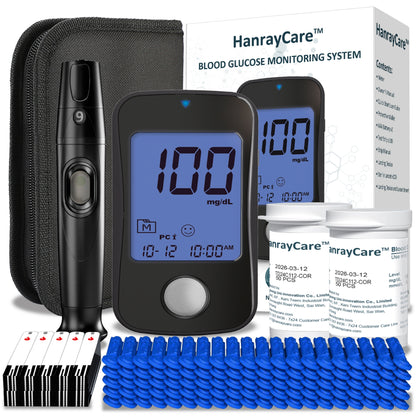 HanrayCare TD-4125 Superior to Most Blood Glucose Monitor Kit, Patented 2+2 Bio Tech, 100 Glucometer Strips &amp; Lancets, 1 Blood Sugar Monitor &amp; Lancing Device, No Coding Diabetes Test Kit, Larger Backlight Screen-No control solution