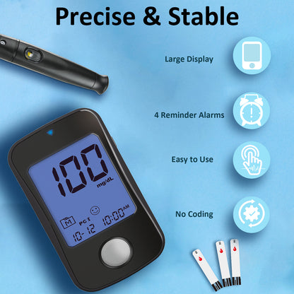 HanrayCare TD-4125 Superior to Most Blood Glucose Monitor Kit, Patented 2+2 Bio Tech, 100 Glucometer Strips &amp; Lancets, 1 Blood Sugar Monitor &amp; Lancing Device, No Coding Diabetes Test Kit, Larger Backlight Screen-No control solution