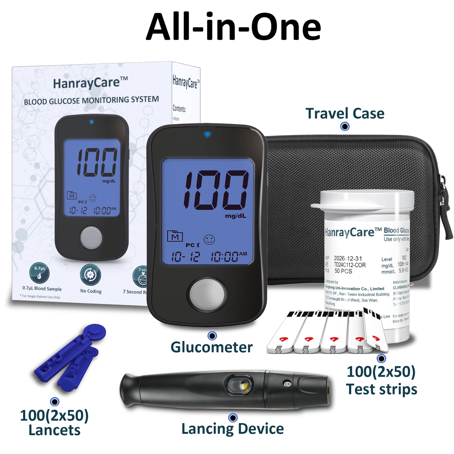 HanrayCare TD-4125 Superior to Most Blood Glucose Monitor Kit, Patented 2+2 Bio Tech, 100 Glucometer Strips &amp; Lancets, 1 Blood Sugar Monitor &amp; Lancing Device, No Coding Diabetes Test Kit, Larger Backlight Screen-No control solution