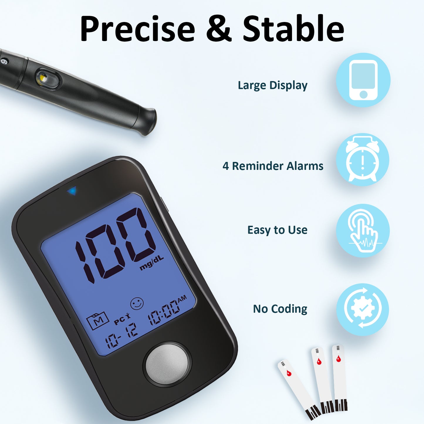 HanrayCare TD-4125 Superior to Most Blood Glucose Monitor Kit, Patented 2+2 Bio Tech, 100 Glucometer Strips &amp; Lancets, 1 Blood Sugar Monitor &amp; Lancing Device, No Coding Diabetes Test Kit, Larger Backlight Screen-No control solution