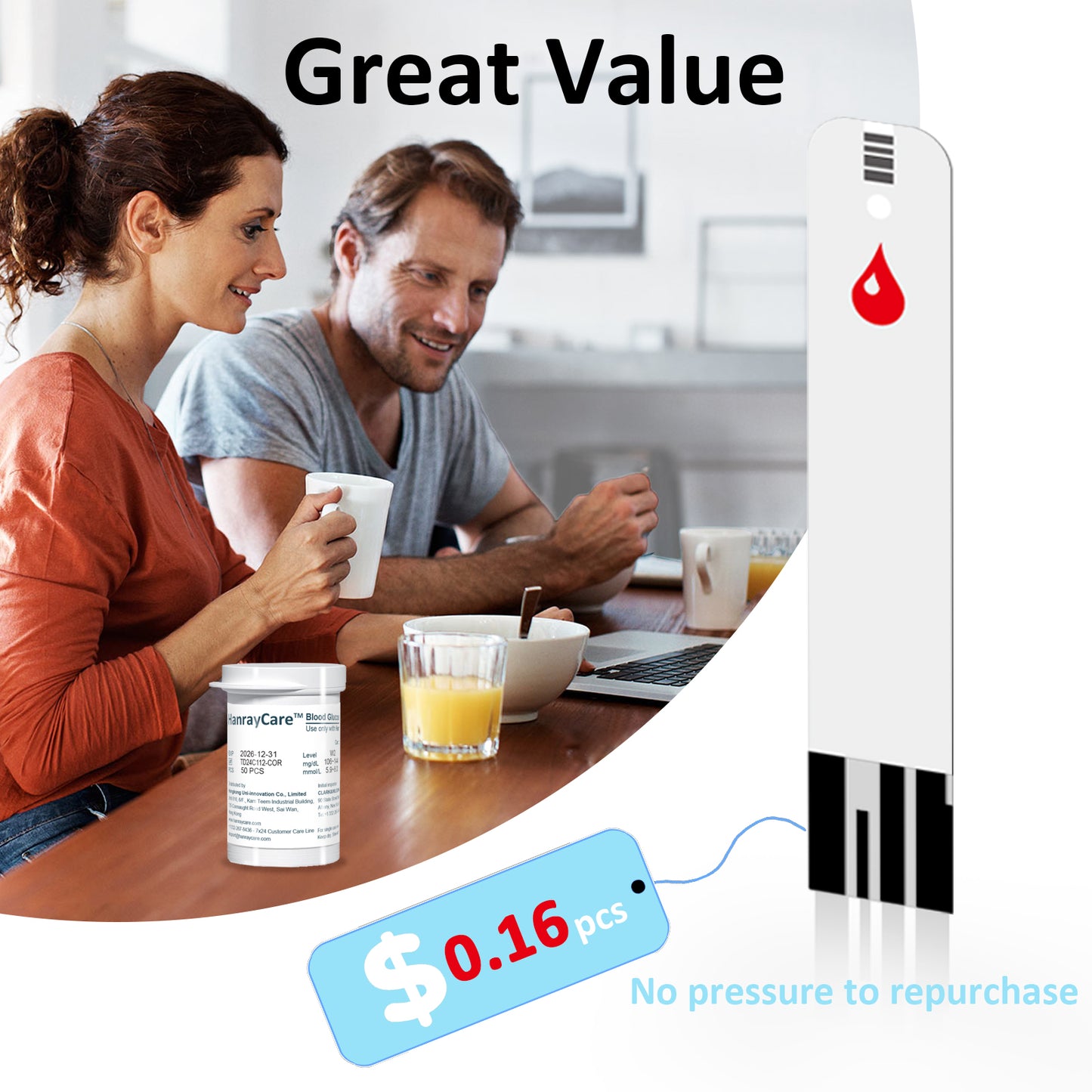 HanrayCare TD-4125 Superior to Most Blood Glucose Monitor Kit, Patented 2+2 Bio Tech, 100 Glucometer Strips &amp; Lancets, 1 Blood Sugar Monitor &amp; Lancing Device, No Coding Diabetes Test Kit, Larger Backlight Screen-No control solution
